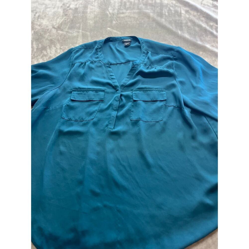 Torrid 2 - 2X Plus Top Blue Low V Cut Button‎ Up Shirt Blouse 3/4 Sleeves Tunic